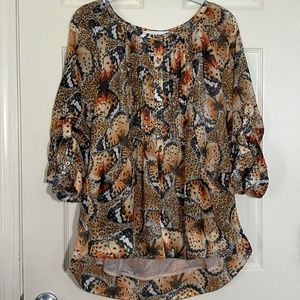 Grace Elements Blouse Chiffon Leopard & Butterfly Print Sz XL EUC